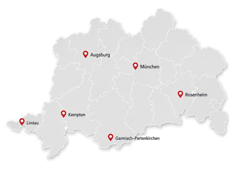 aixam_bayern_sued_karte AIXAM Vertriebsregion Bayern Süd mit München, Augsburg, Rosenheim, Kempten, Lindau und Garmisch-Partenkirchen